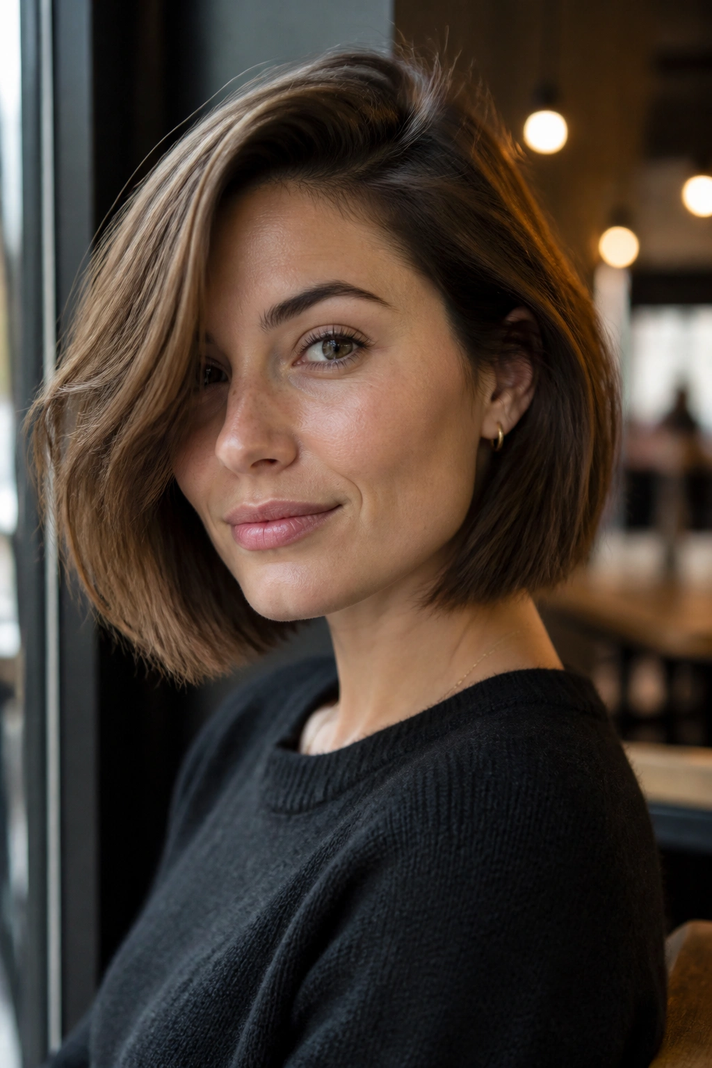Close-up portrait of a real woman with a deep side-part bob hairstyle