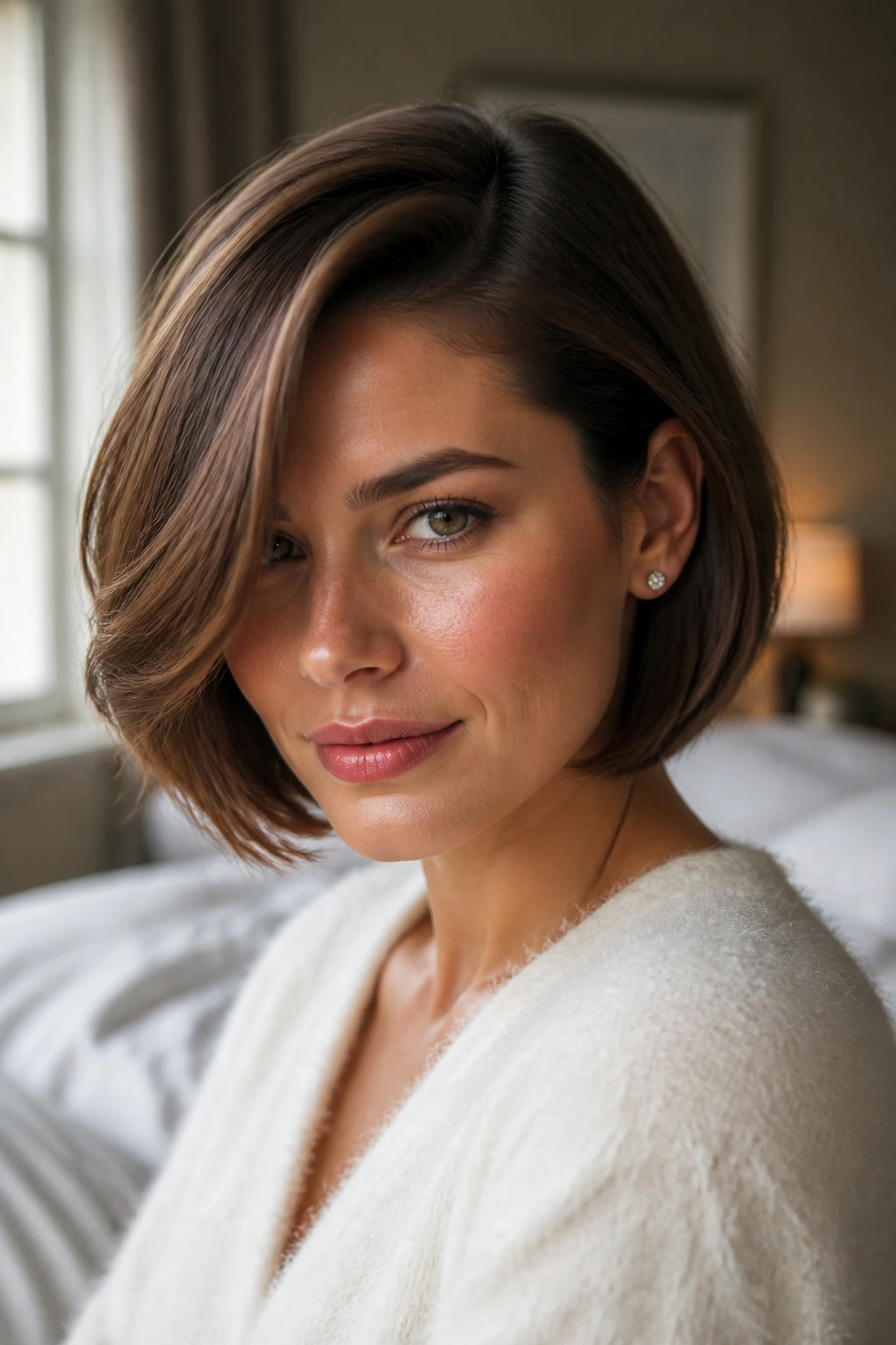 Close-up portrait of a real woman with a deep side-part jaw-grazing bob in natural window light