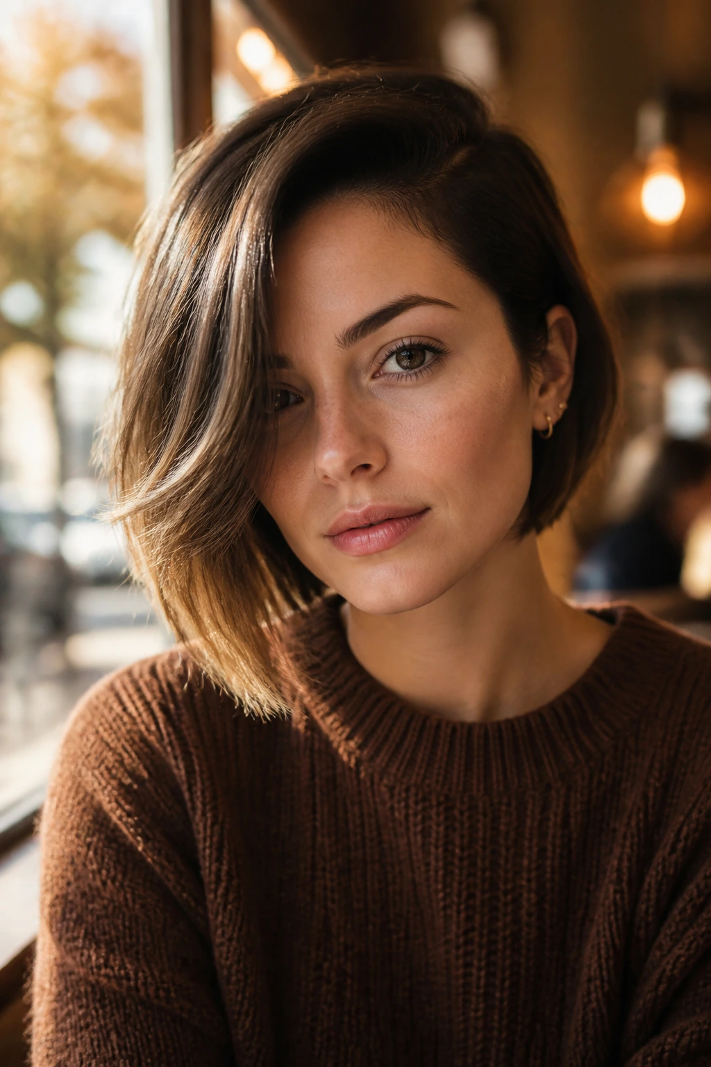 Close-up of a real person with a deep side-part bob in warm cafe window light