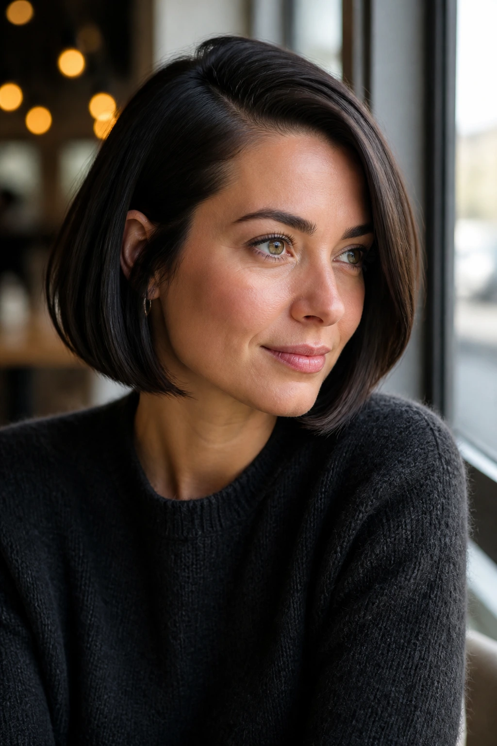 Portrait of real woman with a deep side-part blunt bob in cafe window light