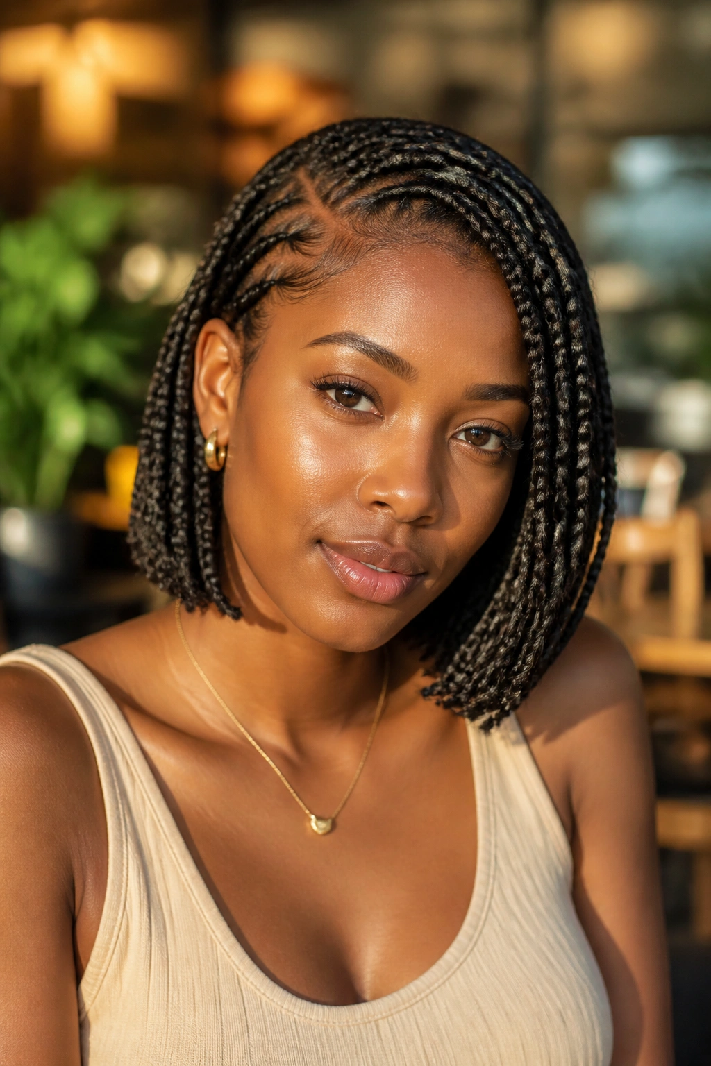 Close-up of a real woman with a deep side-part bob braids in a sunlit cafe interior