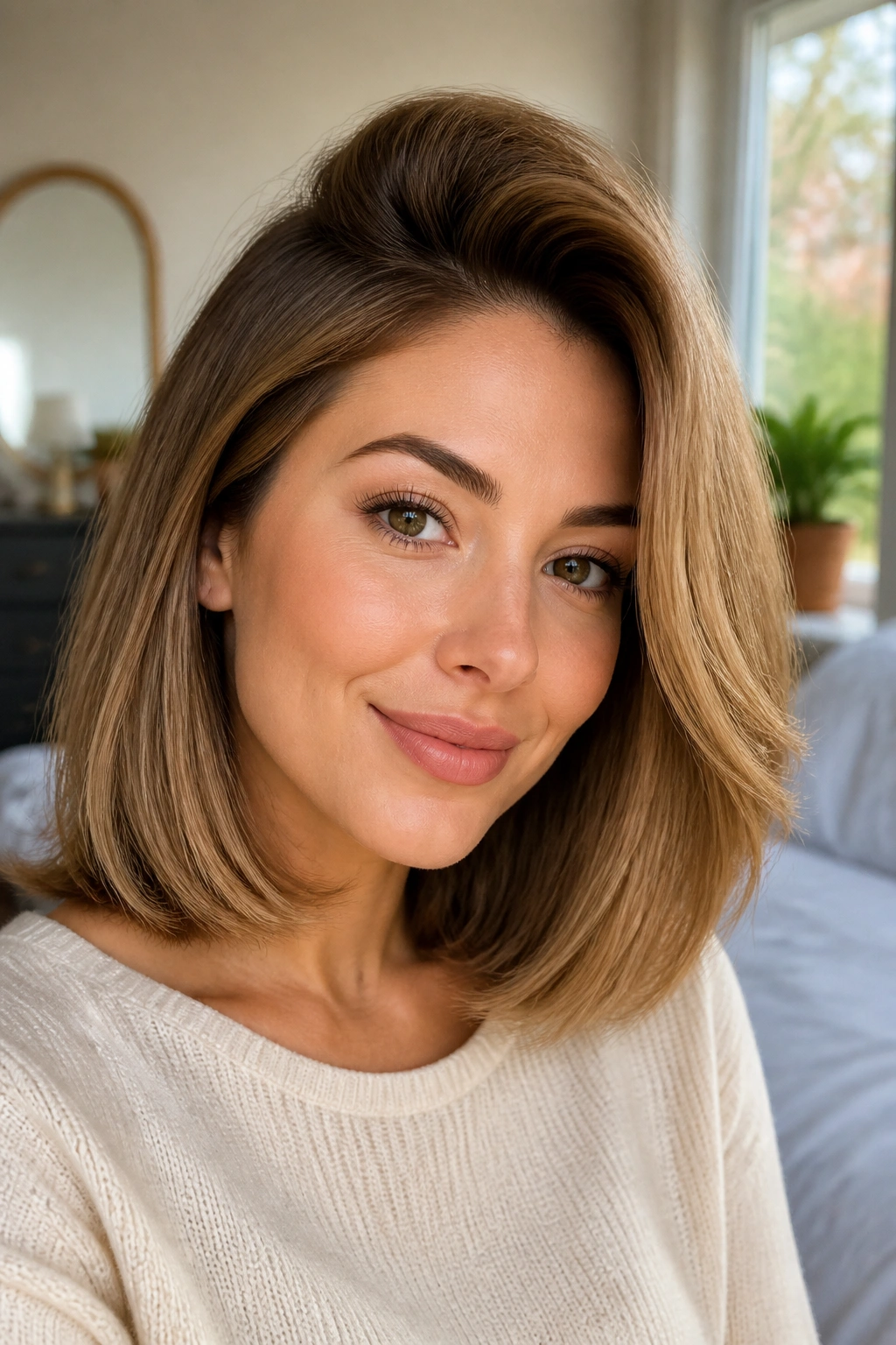 Close-up portrait of a real woman with a deep side-part shoulder-length bob lifting the crown.
