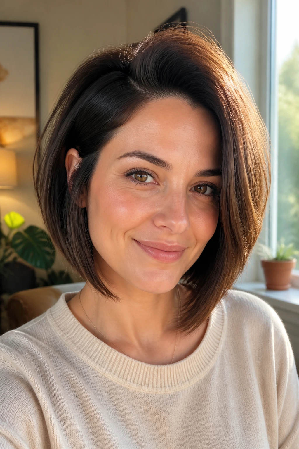 Close-up portrait of a woman with a deep side-part bob and crown volume.