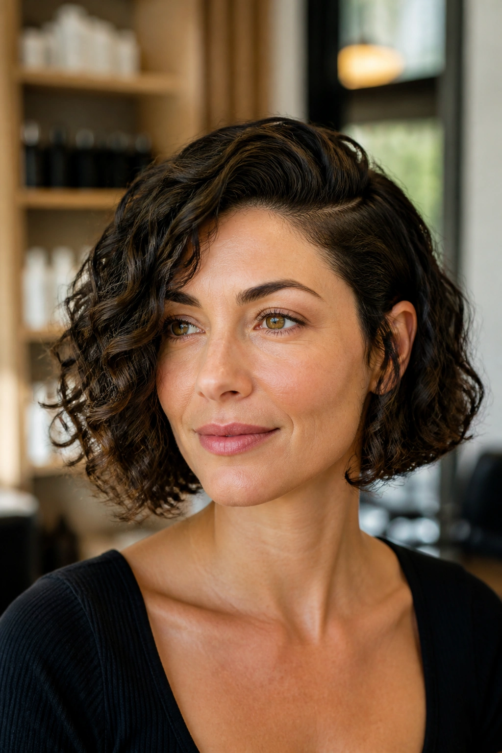 Close-up of a real woman with a deep side-part bob and chin-grazing curls