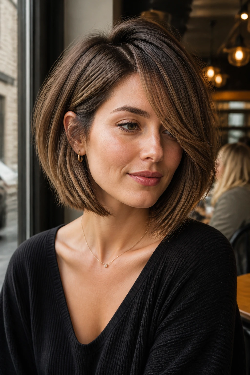 Profile of a real woman with a deep side-part bob and curtain bangs, warm natural light