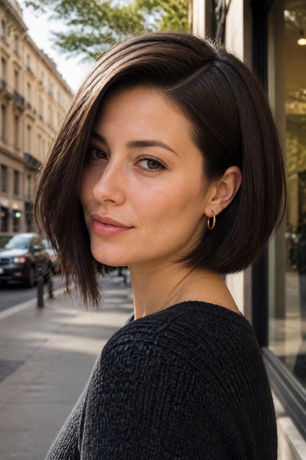 Close-up of a woman with a deep side-part bob sweeping over the forehead