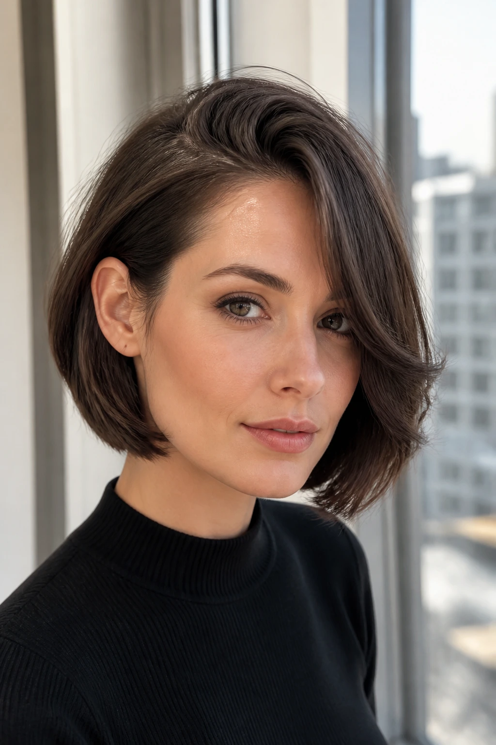Real woman with deep side-part bob and split fringe in daylight.