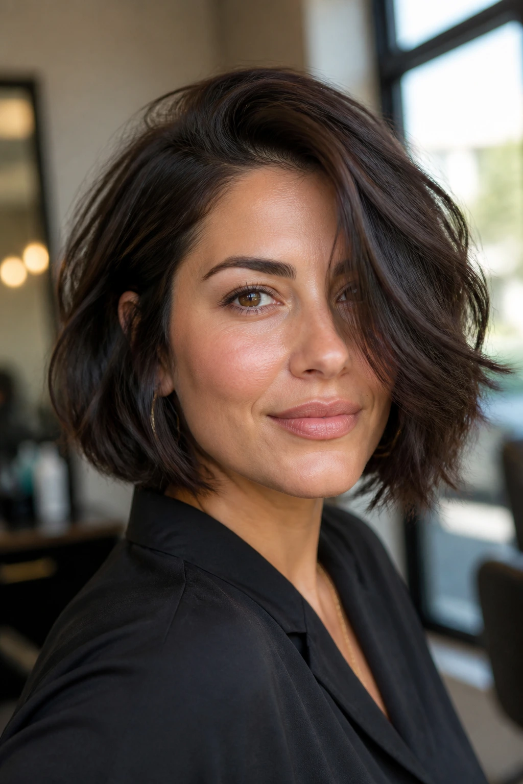 Close-up portrait of a real woman with a deep side-part bob