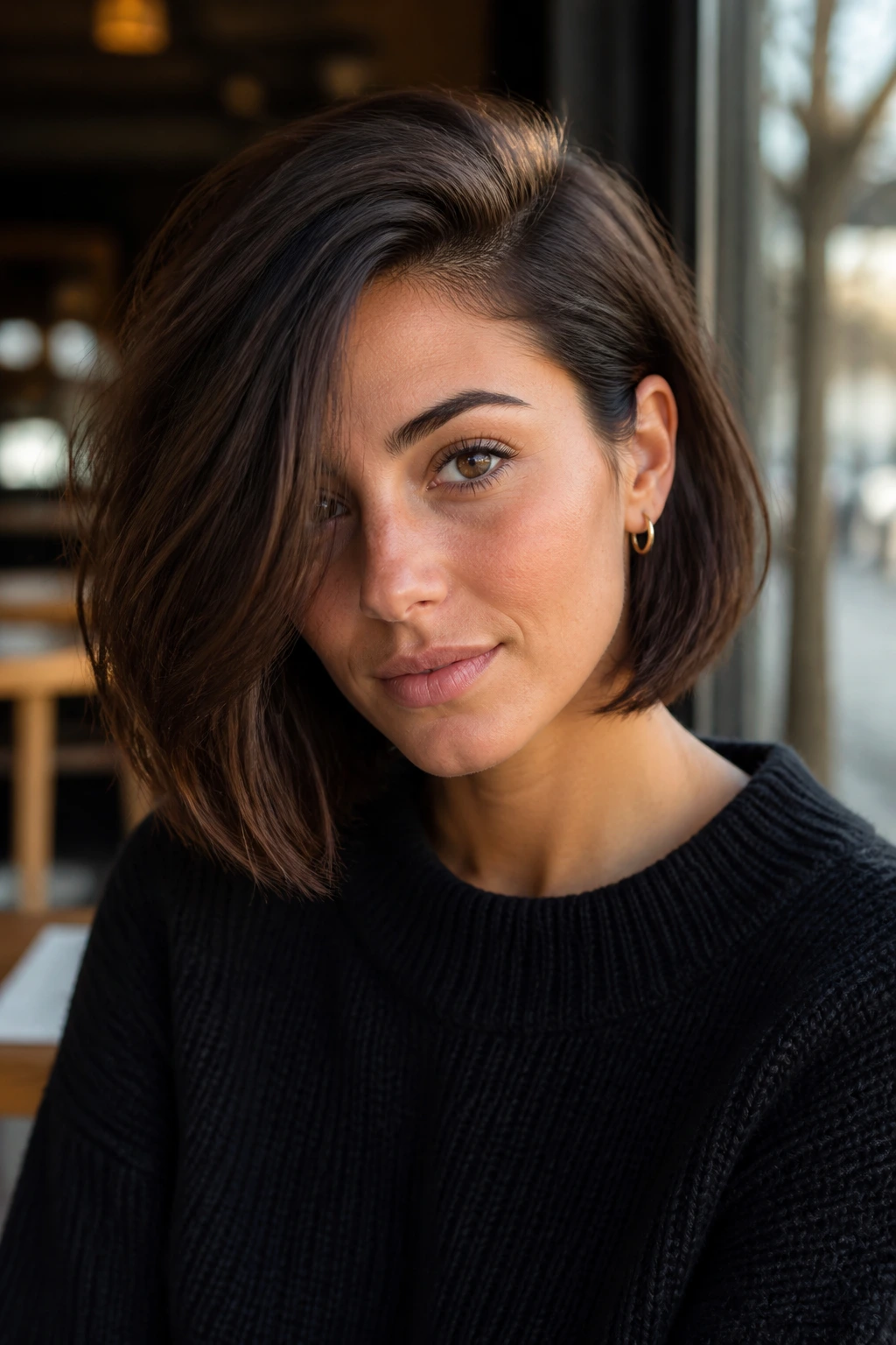 Close-up portrait of a real person with a deep side-part bob and one-sided volume.