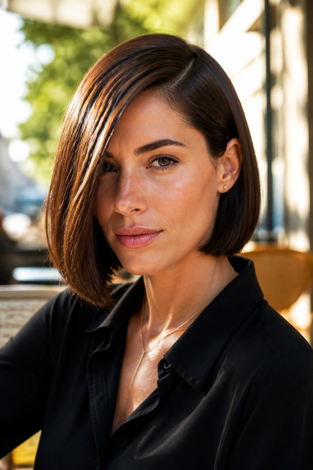 Close-up portrait of a real woman with a deep side-part bob and a sleek diagonal hair line.
