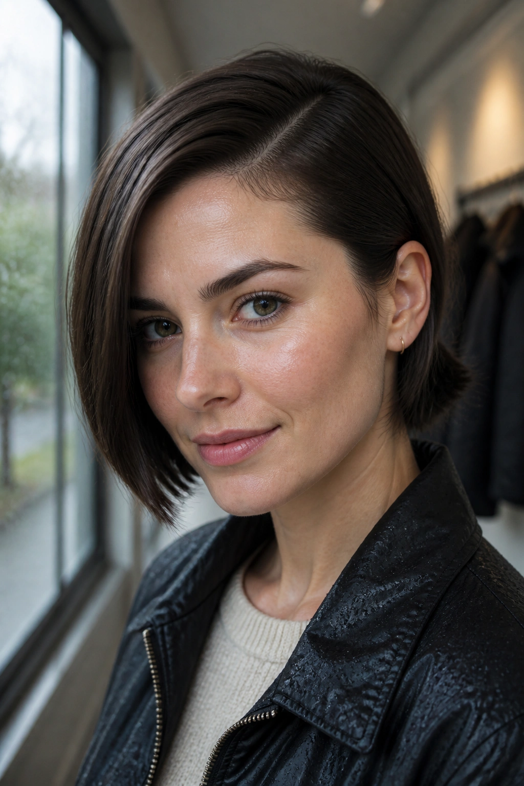 Close-up of a real woman's deep side-parted bob ready for a ponytail.