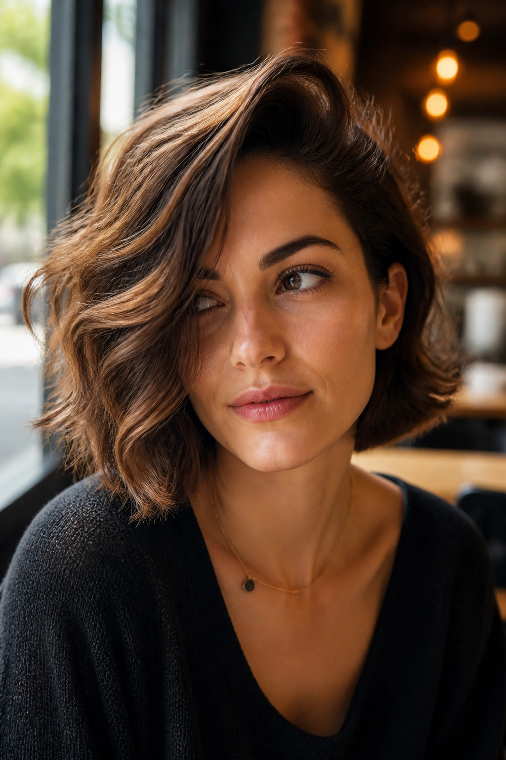 Real woman with deep side-part bob showing lifted roots and voluminous waves