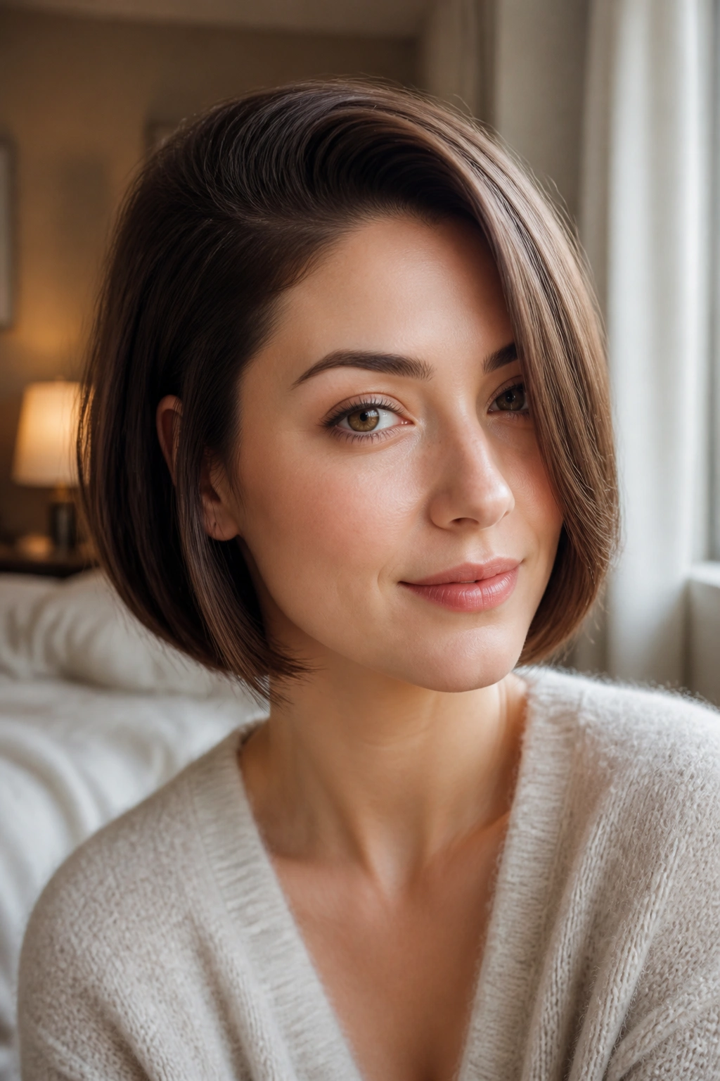 Close-up of a real woman with a deep side-part bob and crown lift in warm window light.