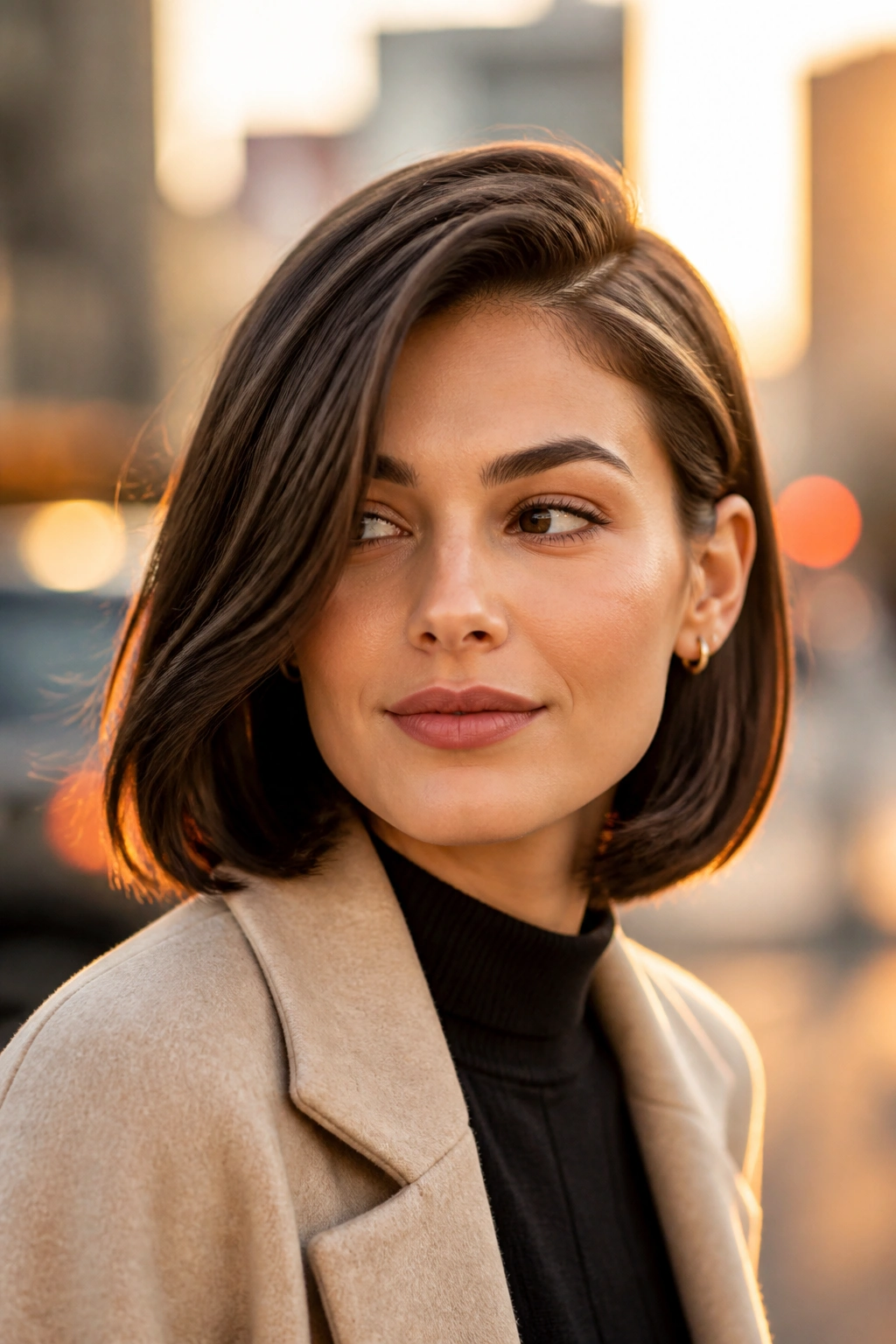 Close-up of a woman with a deep side-part bob in golden hour street light