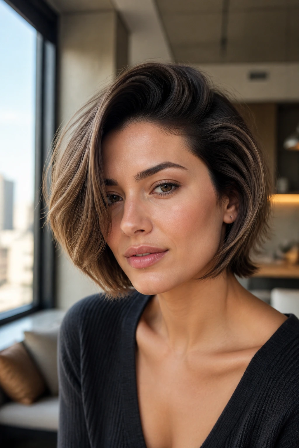 Close-up portrait of a real person with a deep side-part bob