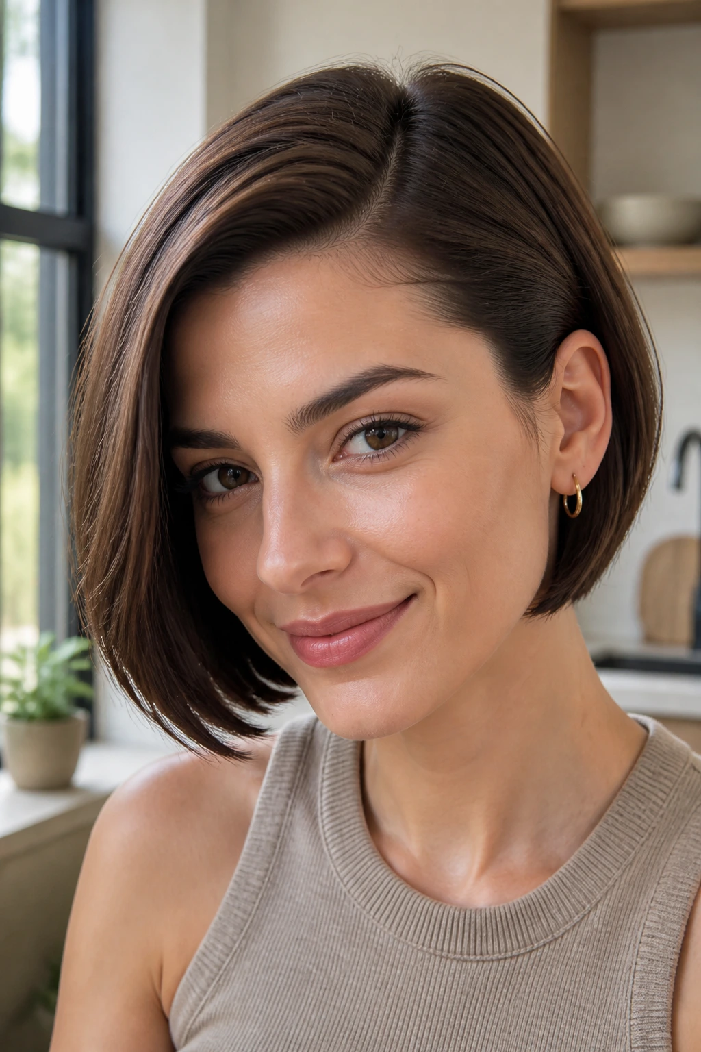 Close-up of a real woman with deep side-part bob and tuckable ends tucked behind the ear.