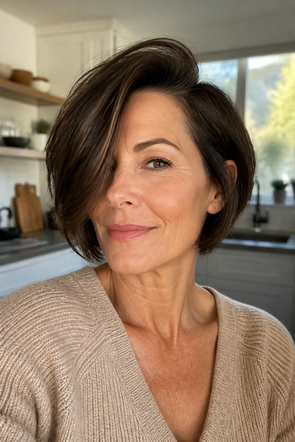 Portrait of a real woman with a deep side-part bob showing a dramatic diagonal fall.