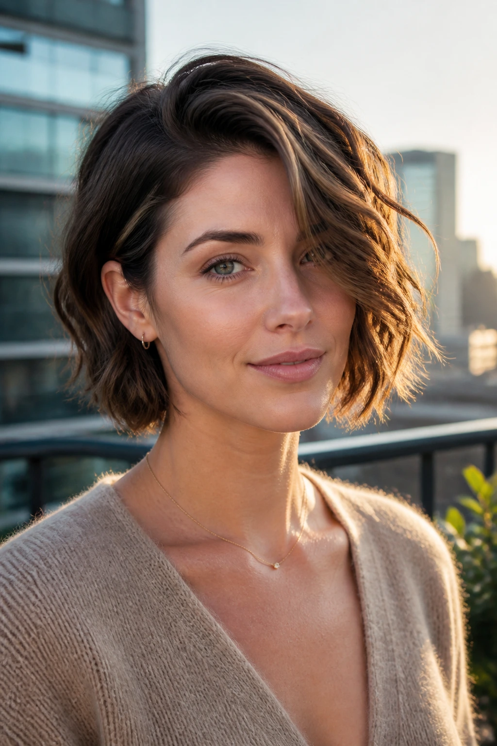 Close-up of a woman with a deep side-part and wavy bob
