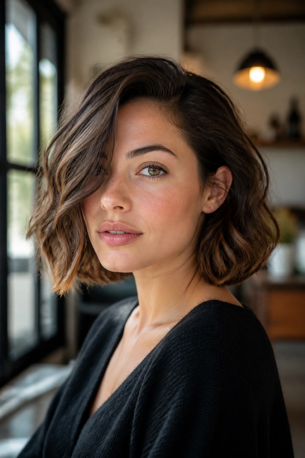 Close-up of a real woman with a deep side-part bob and soft waves.
