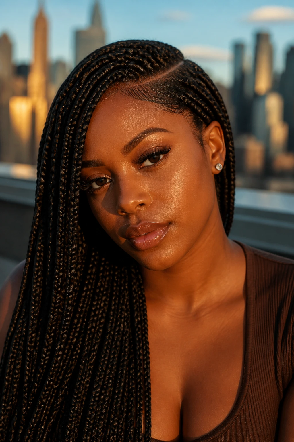 Close-up of a real Black woman with deep side-part box braids on a rooftop at golden hour