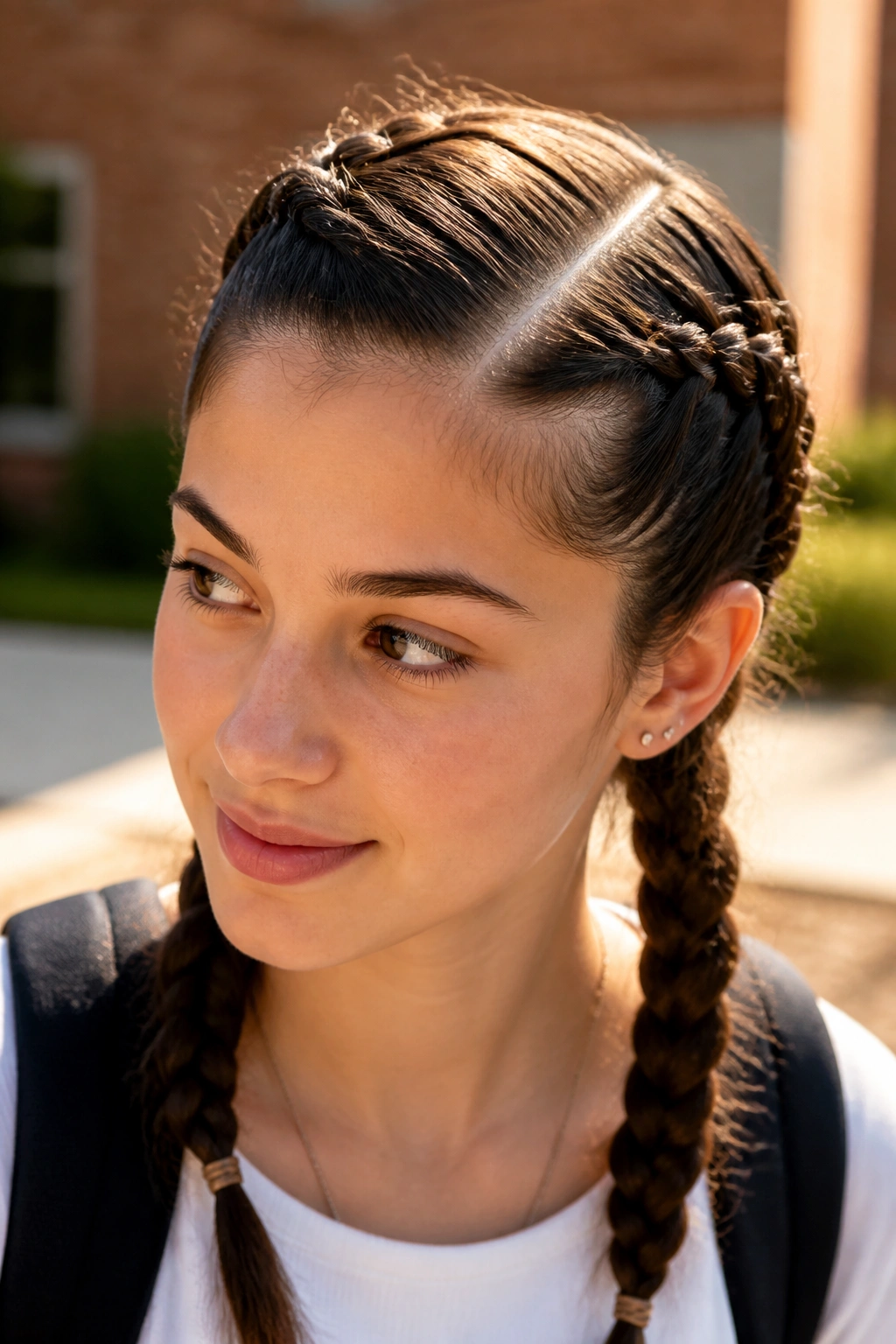 Close-up portrait of a real student with a deep side-part double Dutch braids outdoors.