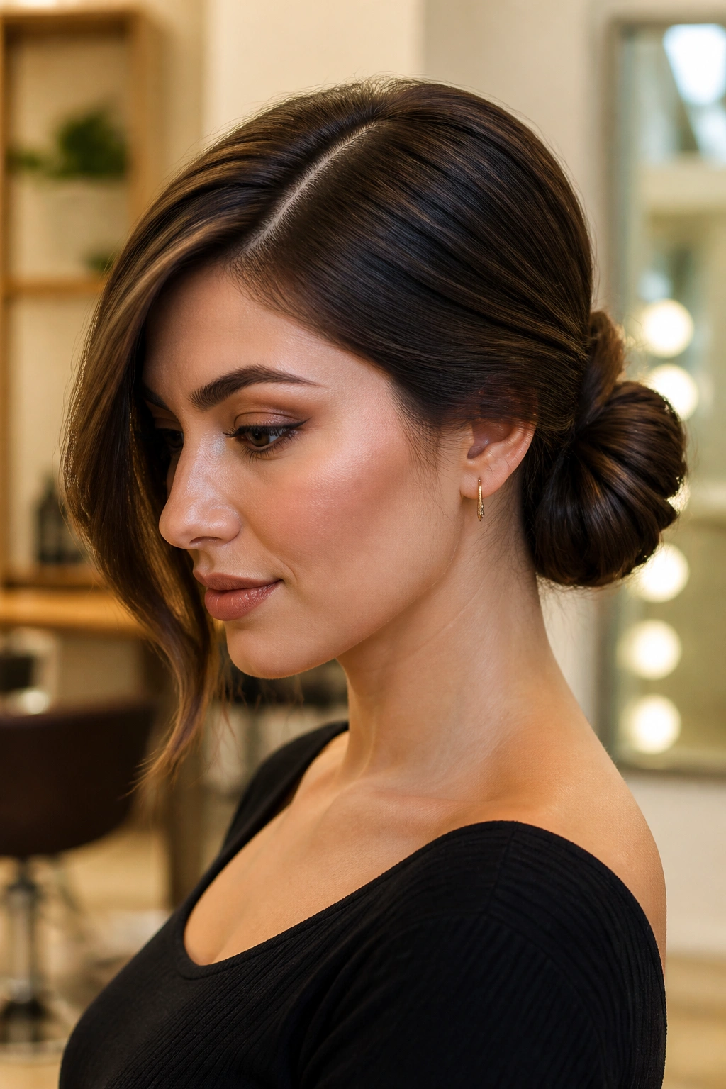 Three-quarter view of a real person with Deep Side-Part Wrapped Low Bun in a warm salon.
