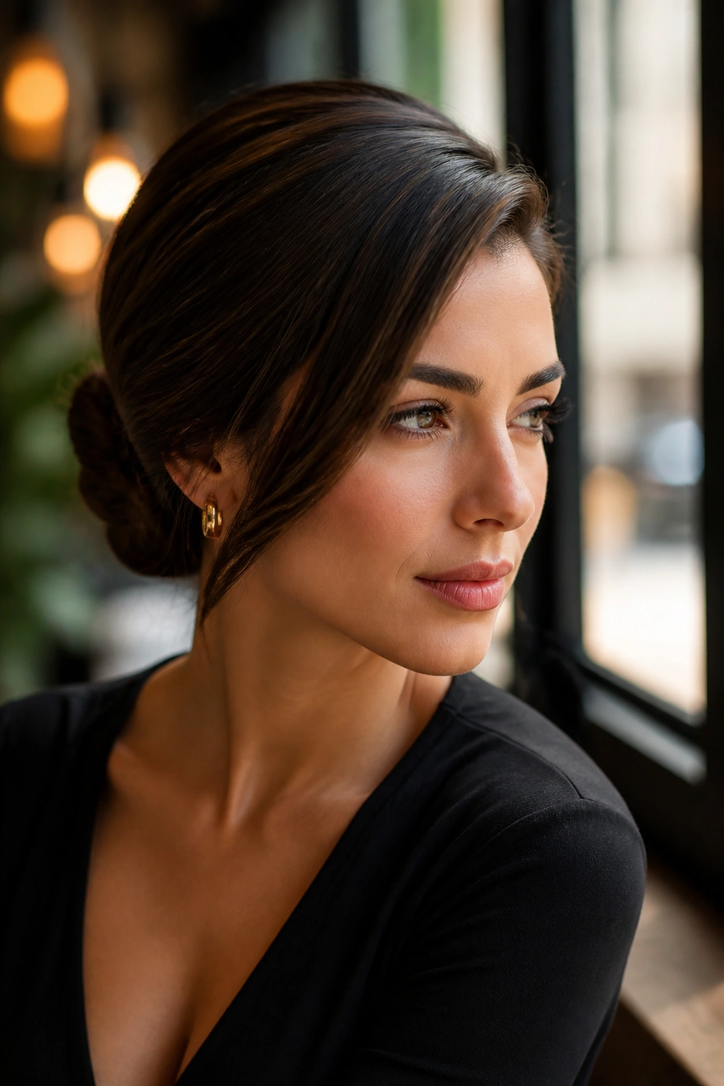 Close up of a woman with a deep side part and wrapped bun in a cafe setting