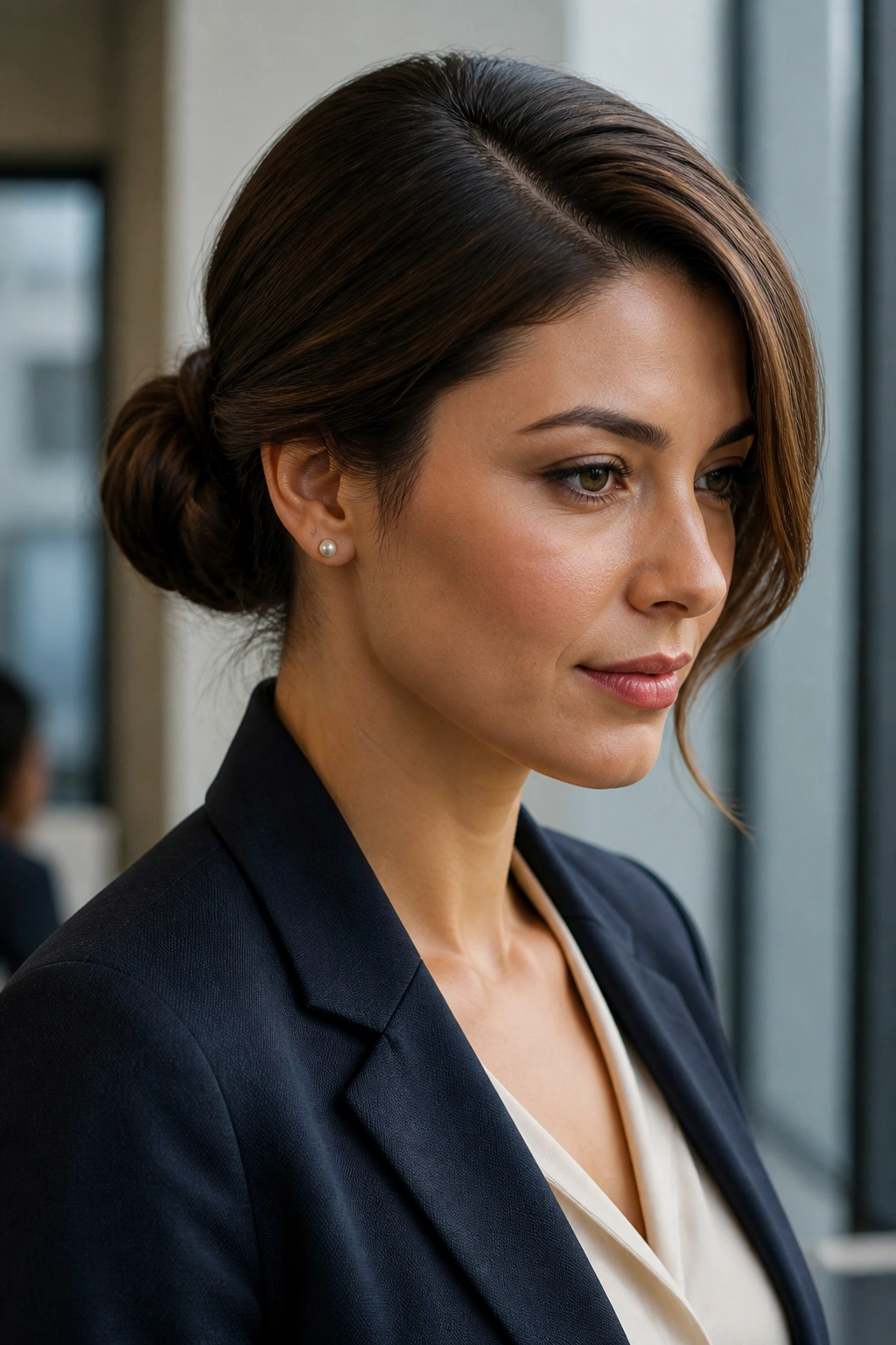 Close-up of a woman with a deep side-part bun in a work setting