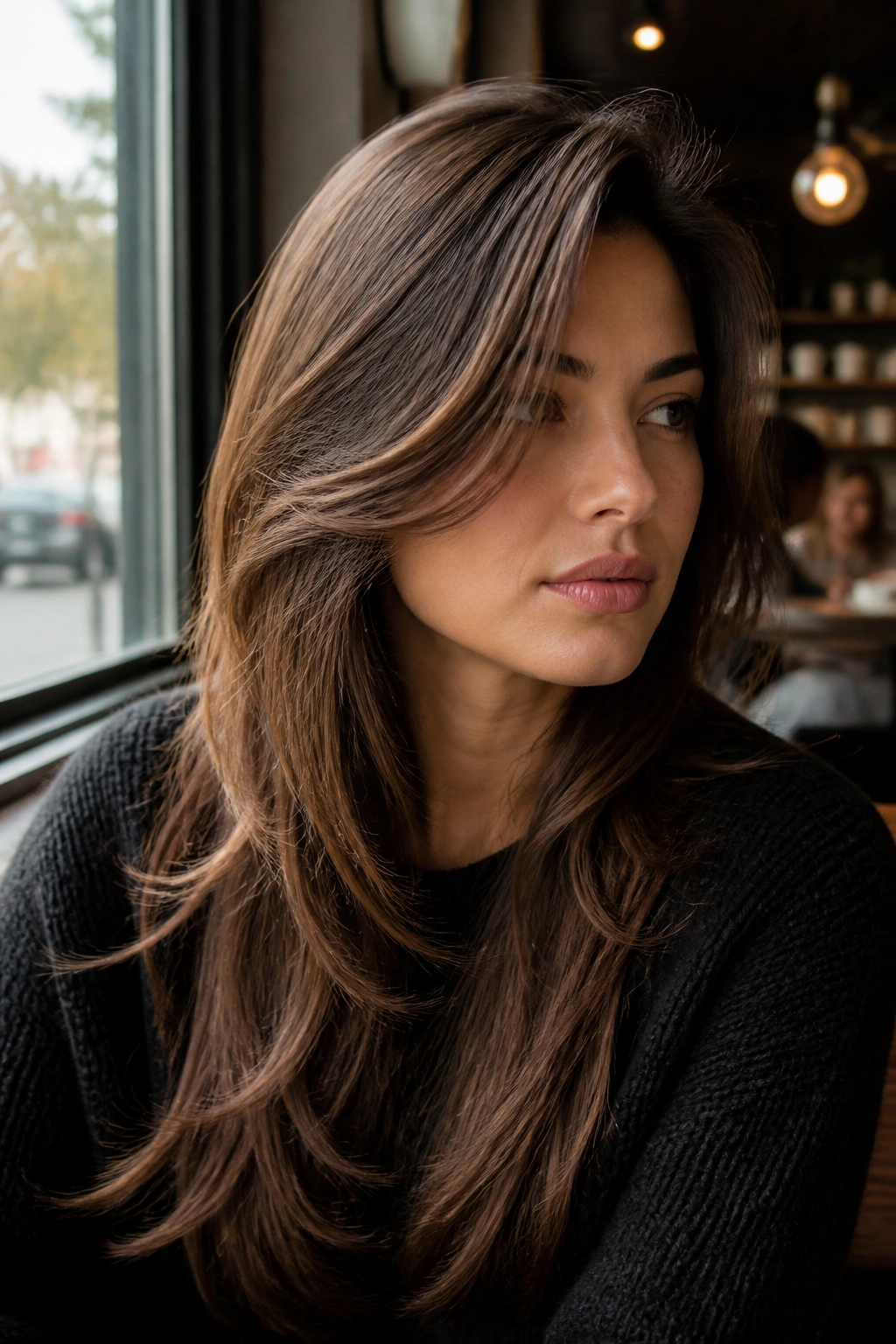 Portrait of a woman with deep side part and sweeping front layers.