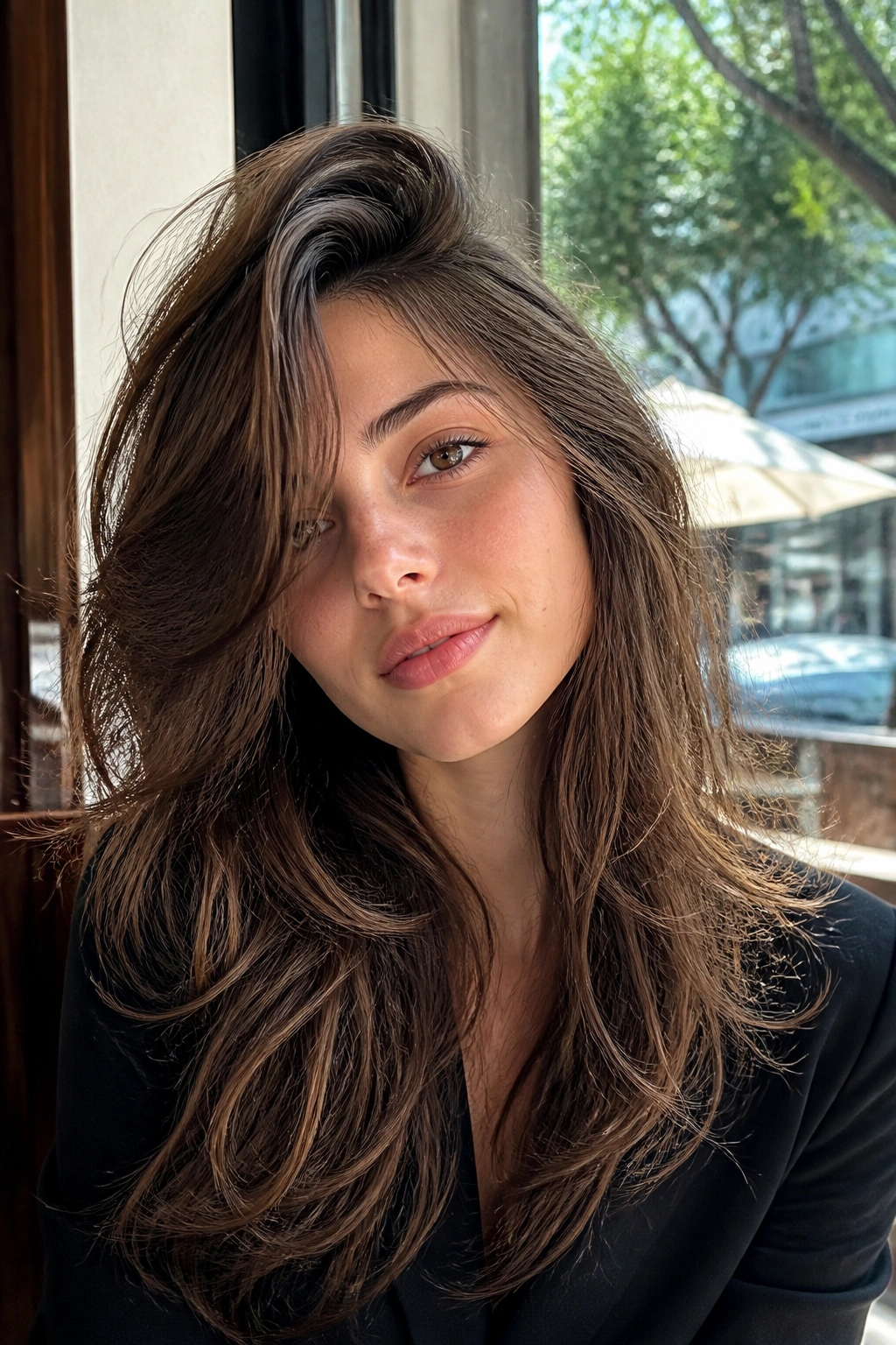Close-up of a real person with a deep side-part butterfly wolf cut for extra lift