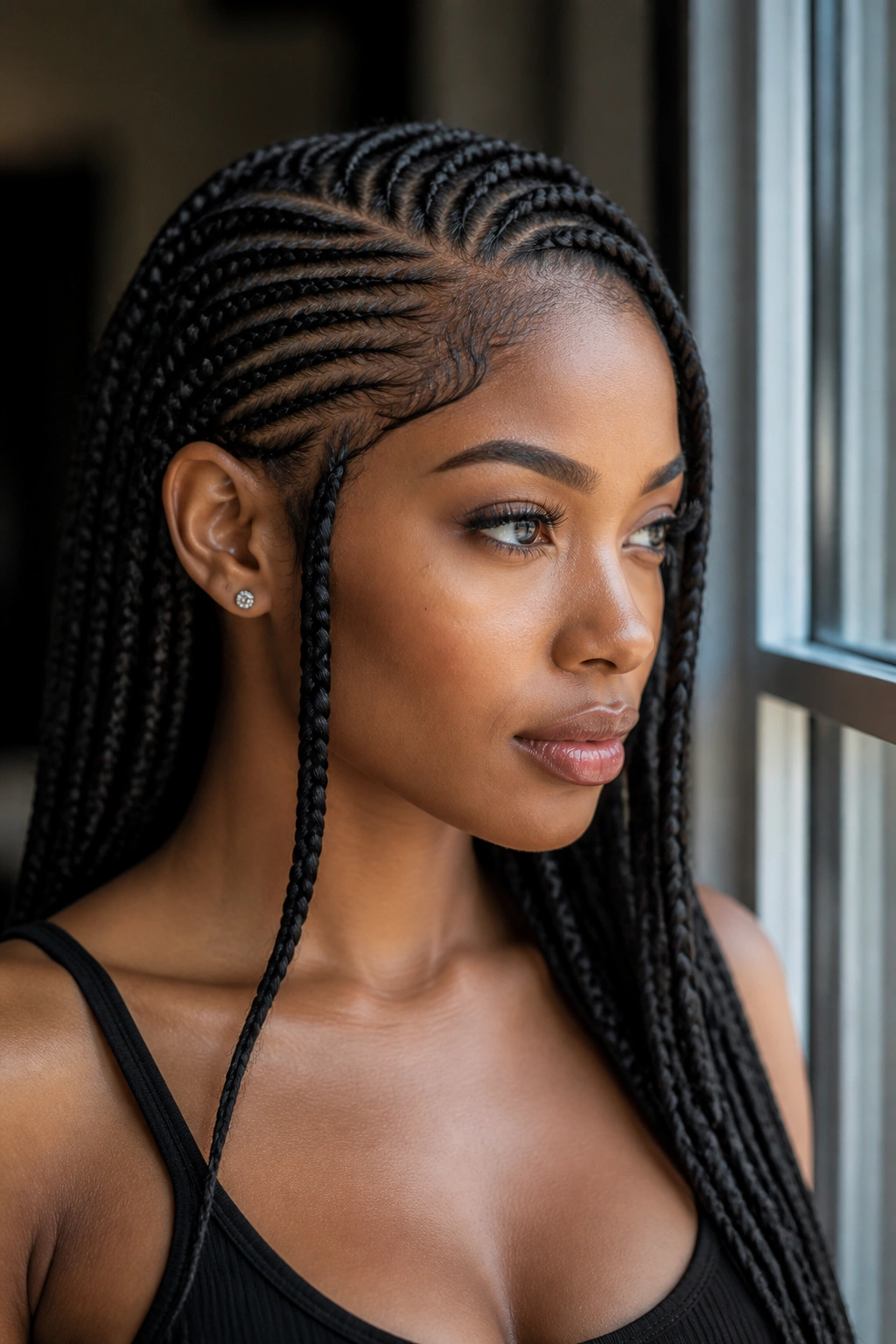 Close-up of real Black woman with deep side part cornrows