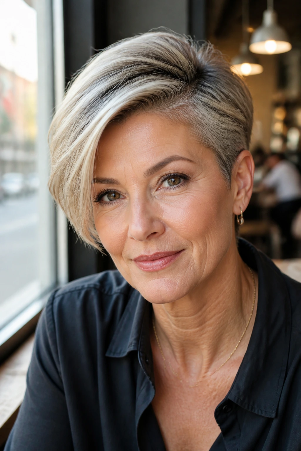 Close-up portrait of a real person with a deep side-part crop and lifted crown