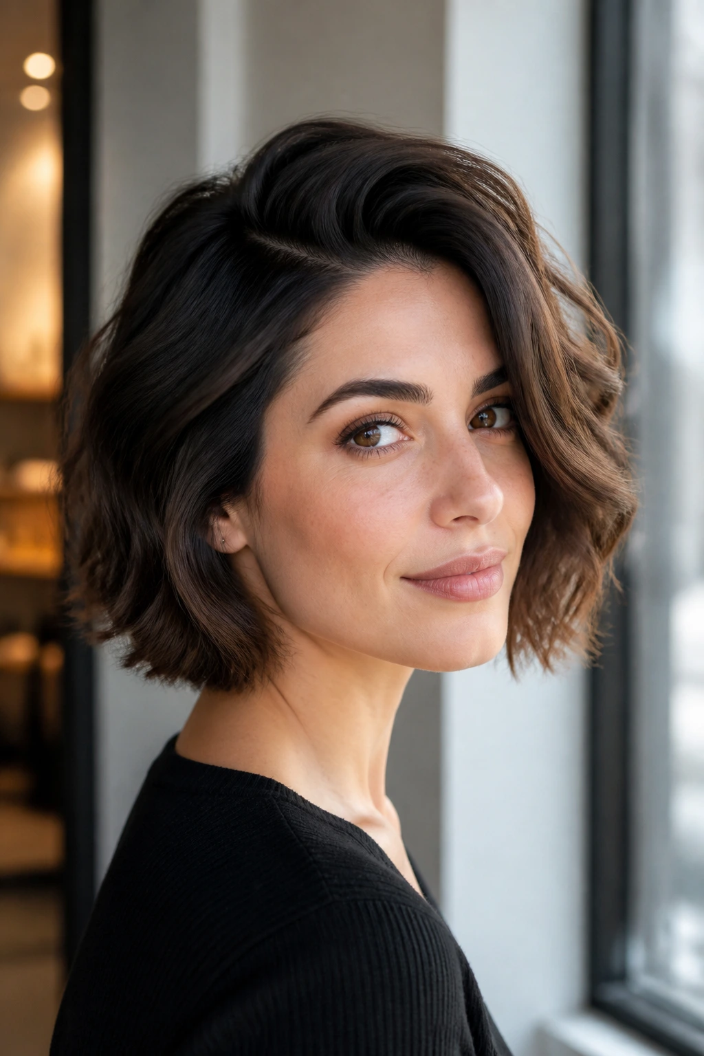 Portrait of a real woman with a deep side-part and voluminous crown in soft light.
