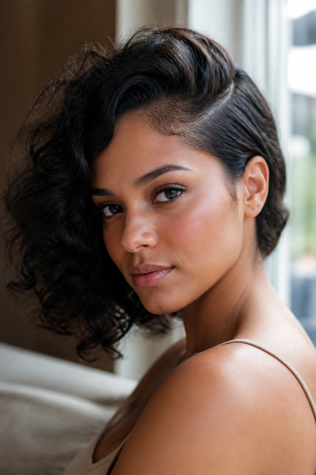 Real person with a deep side part and tucked ear, curls softly framing the face