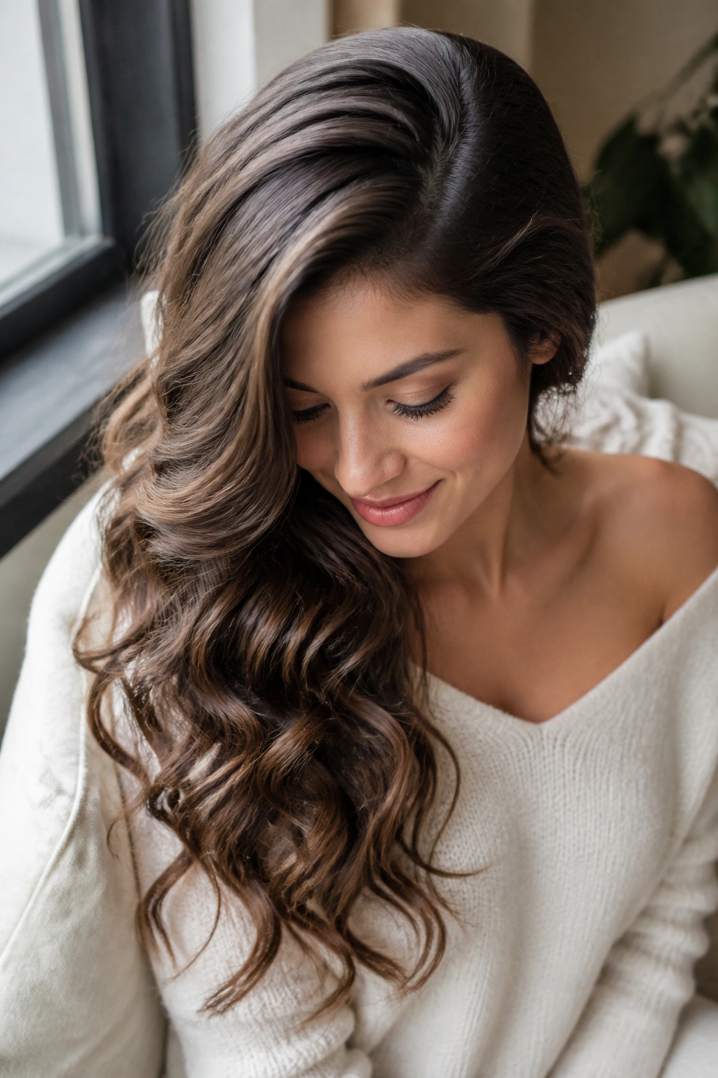 Portrait of a woman with a deep side part and soft curls cascading to one side