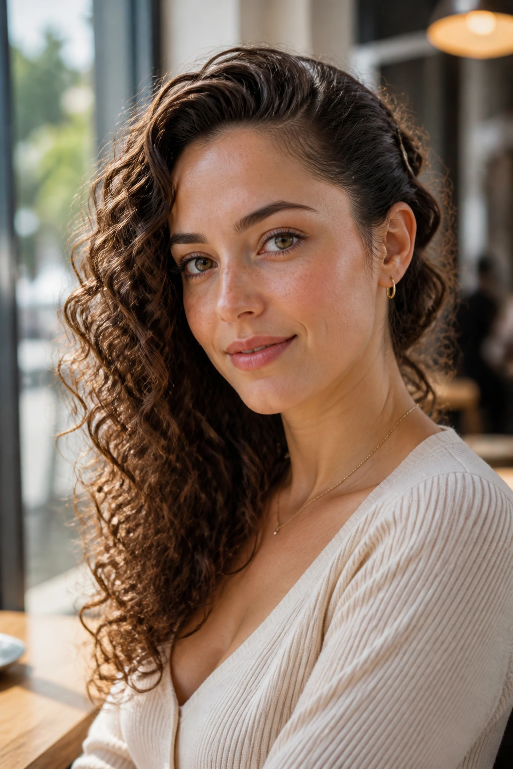 Close-up of a real woman with deep side part and one-sided sweep in curly hair