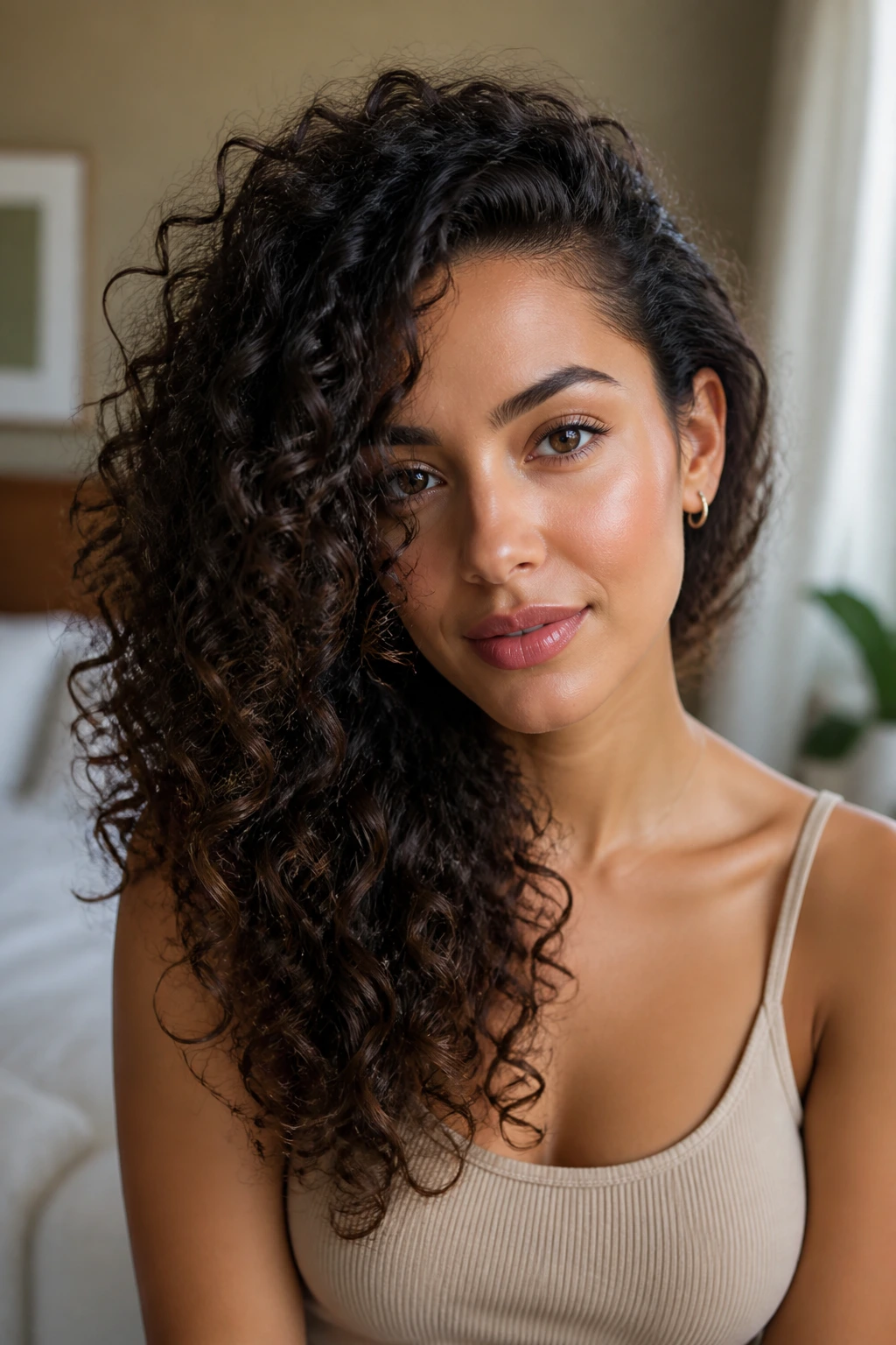 Close-up of a real woman with a deep side-part and curly cascade in warm natural light.