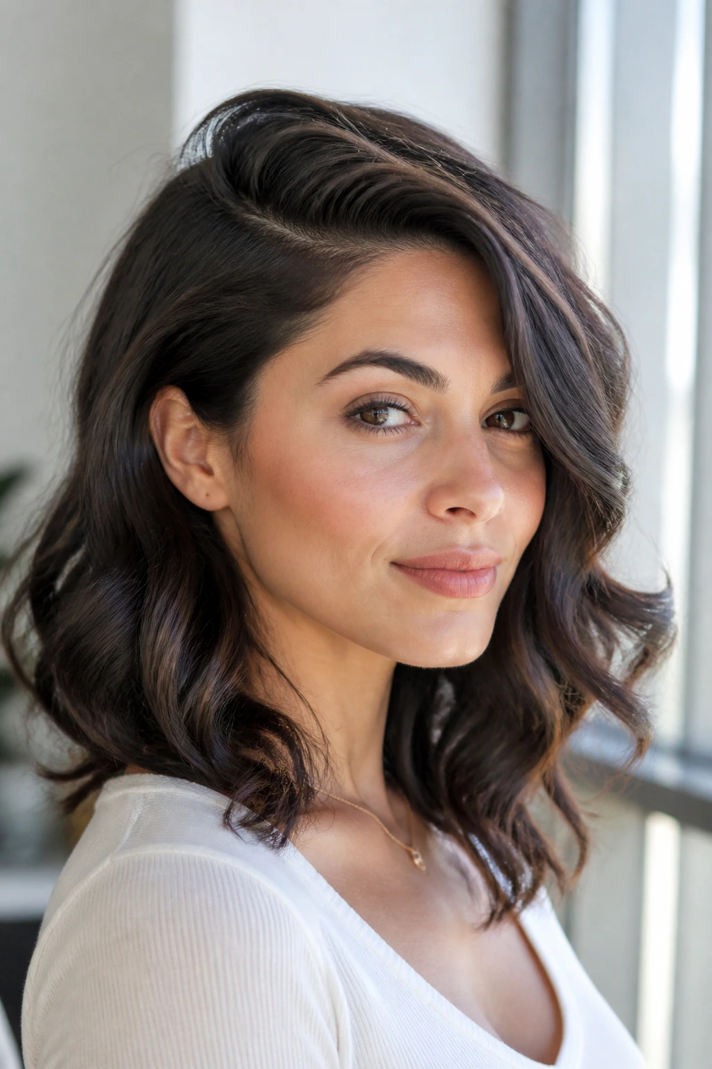 Close-up of a woman with a deep side part and soft curls