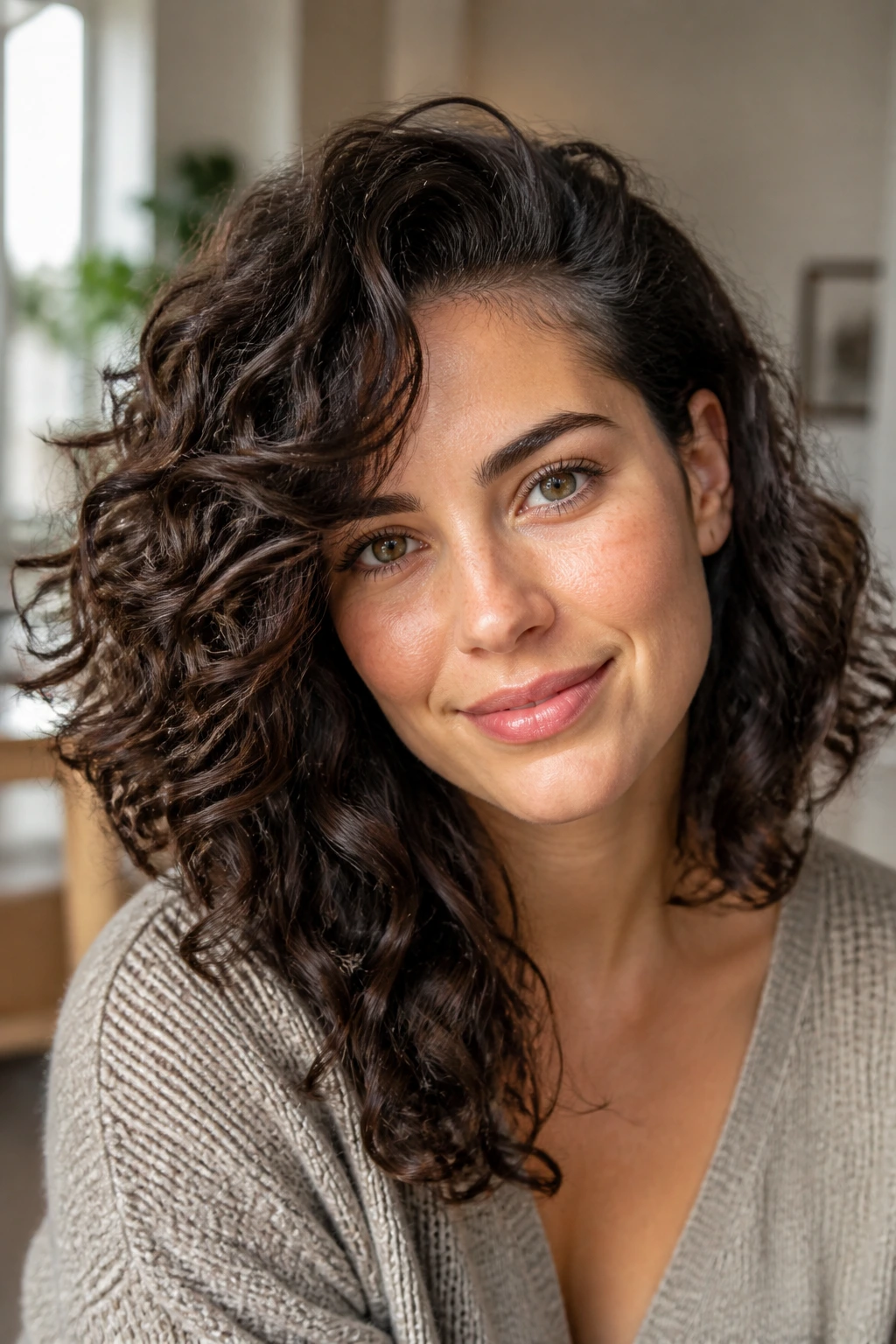 Close-up of a real woman with a deep side part and curled front