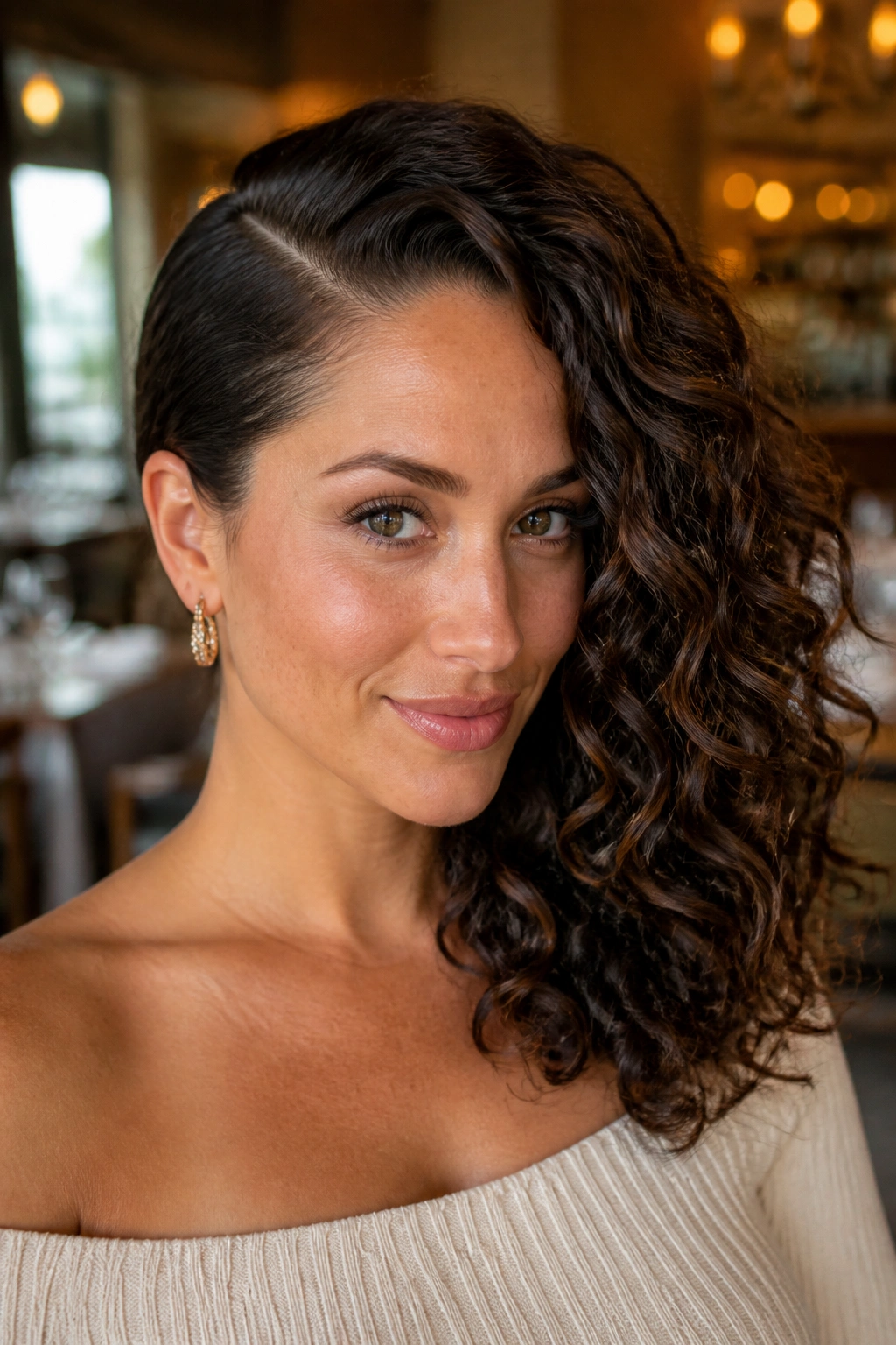 Real woman with a deep side part and glamorous curls