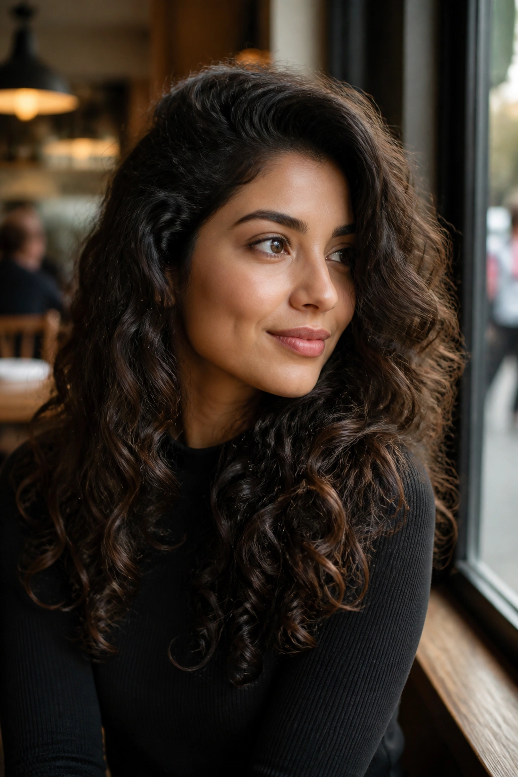 Real woman with deep side-parted layered curls swinging with movement