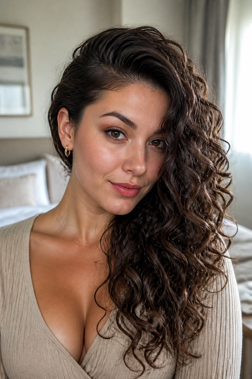 Close-up of a real woman with a deep side part and cascading curls in soft window light