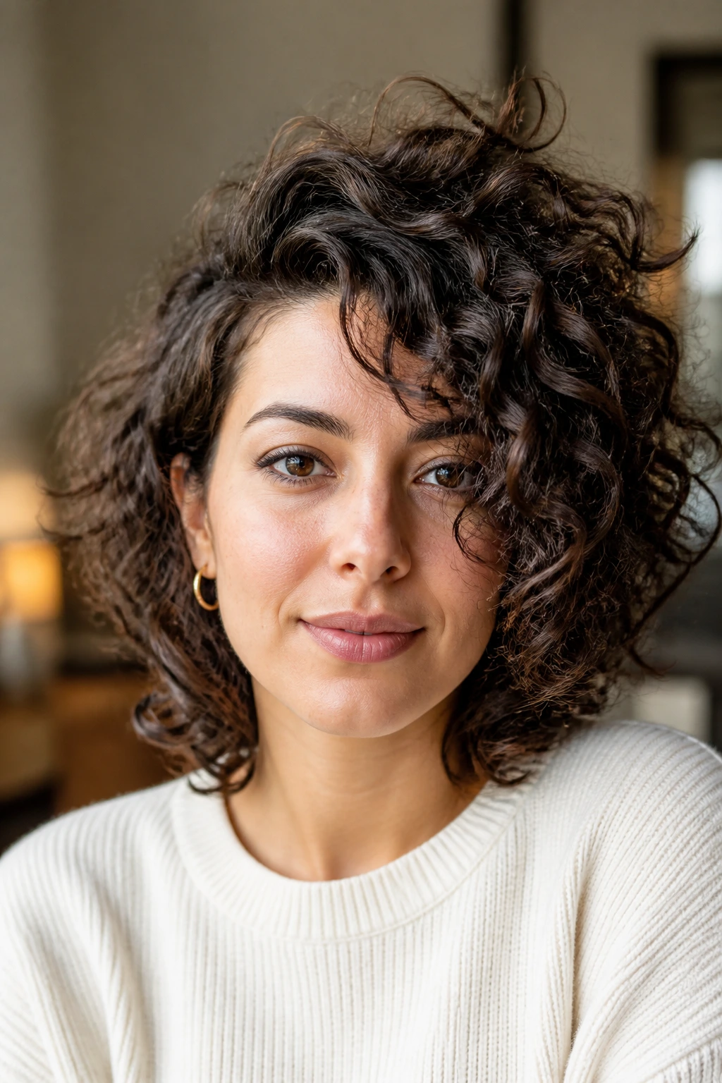 Close-up portrait of a real woman with a deep side-part curly shag under warm window light
