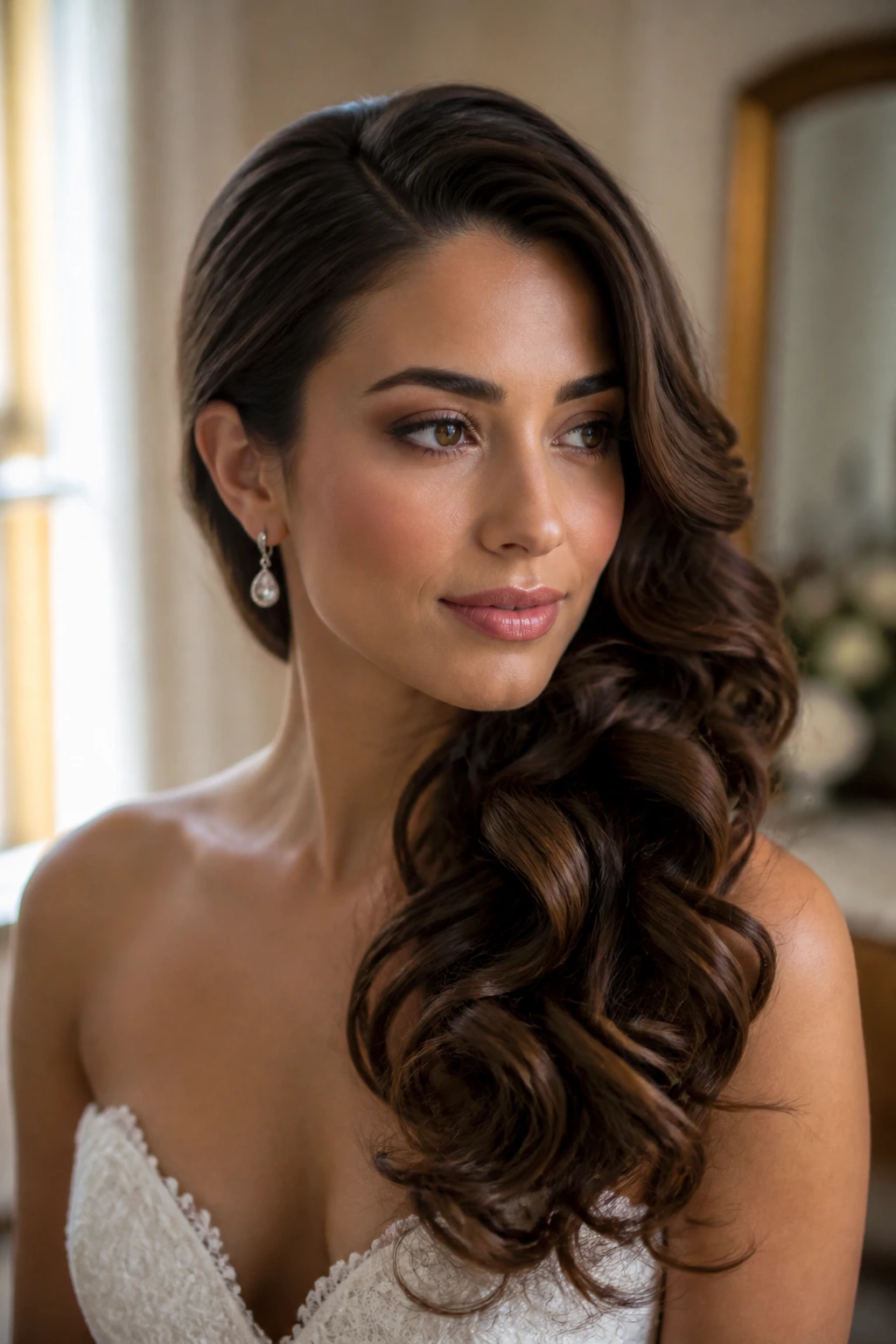 Close-up of a real woman with a deep side-part curls swept over one shoulder in warm bridal lighting.