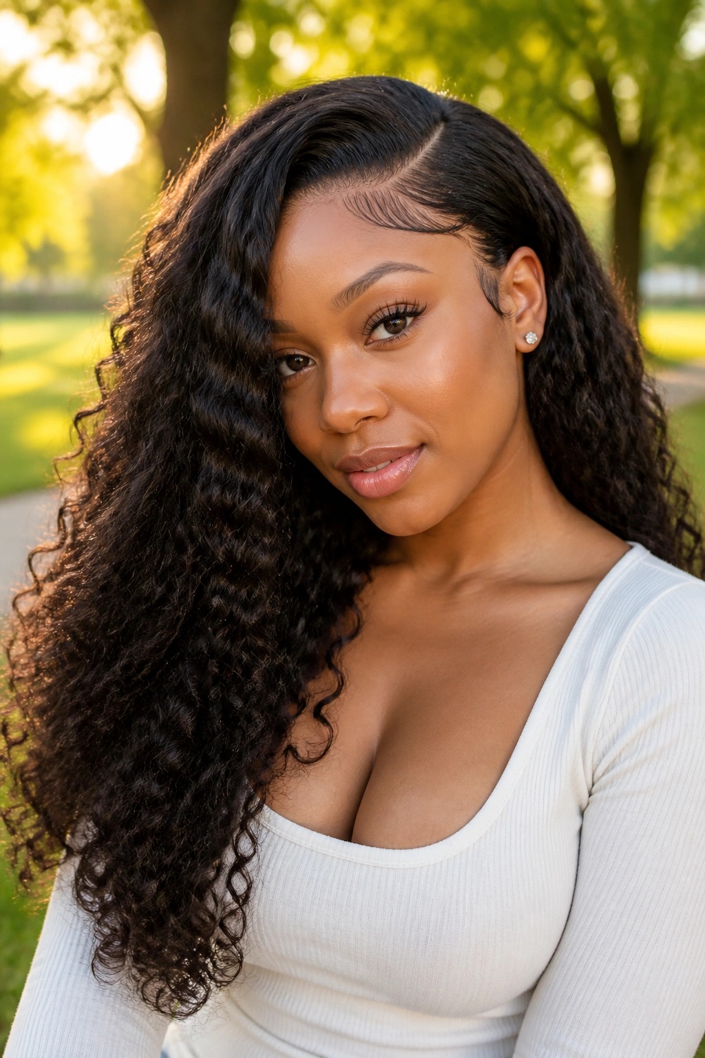 Close-up portrait of a real woman with a deep side-part curly weave.