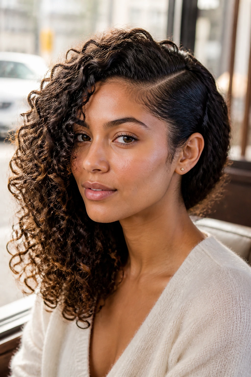 Portrait of a woman with a deep side part and one-side tucked hair.