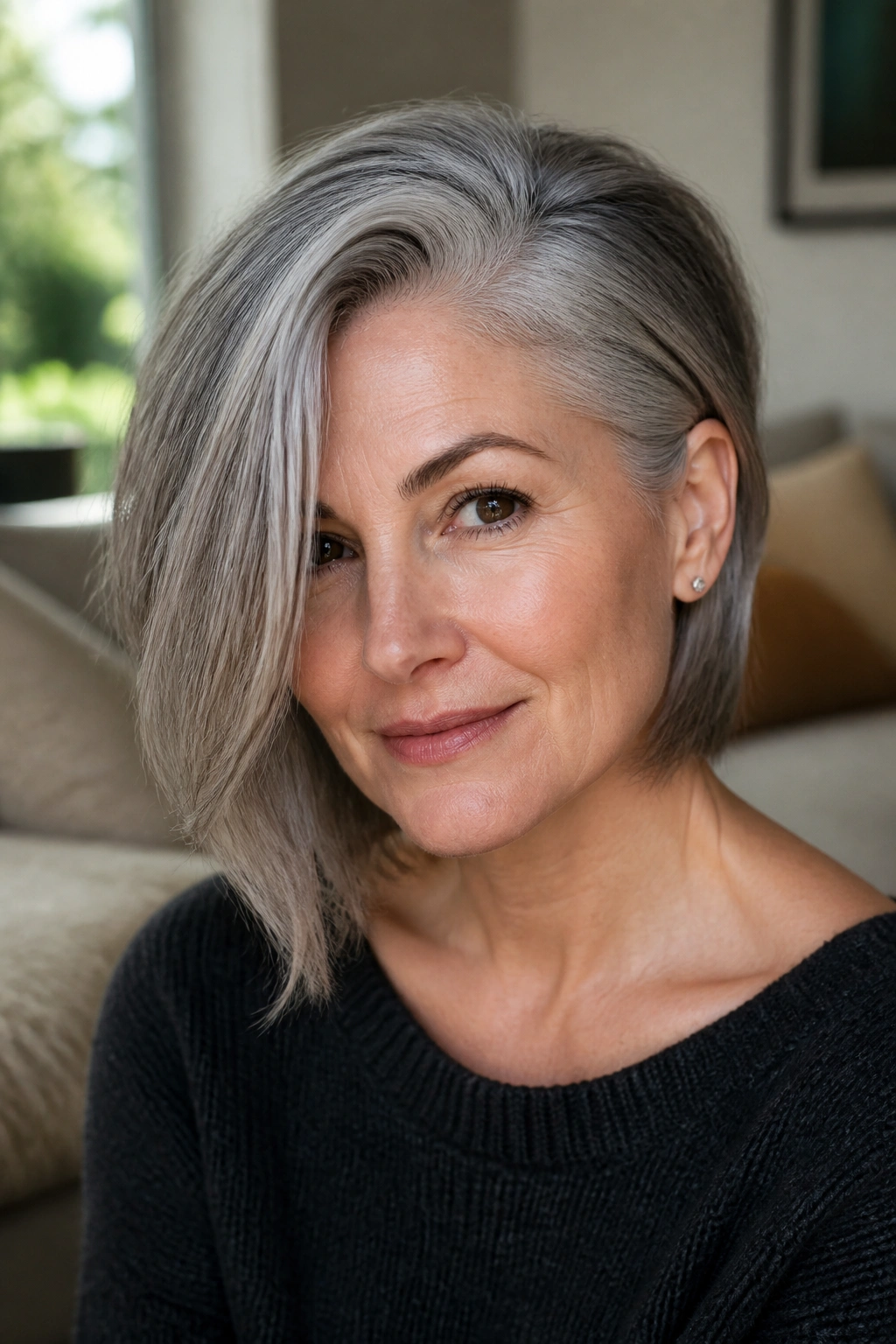 Deep side part haircut on real woman with crown lift in living room light