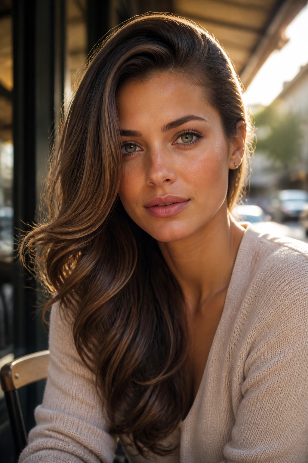 Close-up of a woman with a deep side part and soft waves near a cafe window