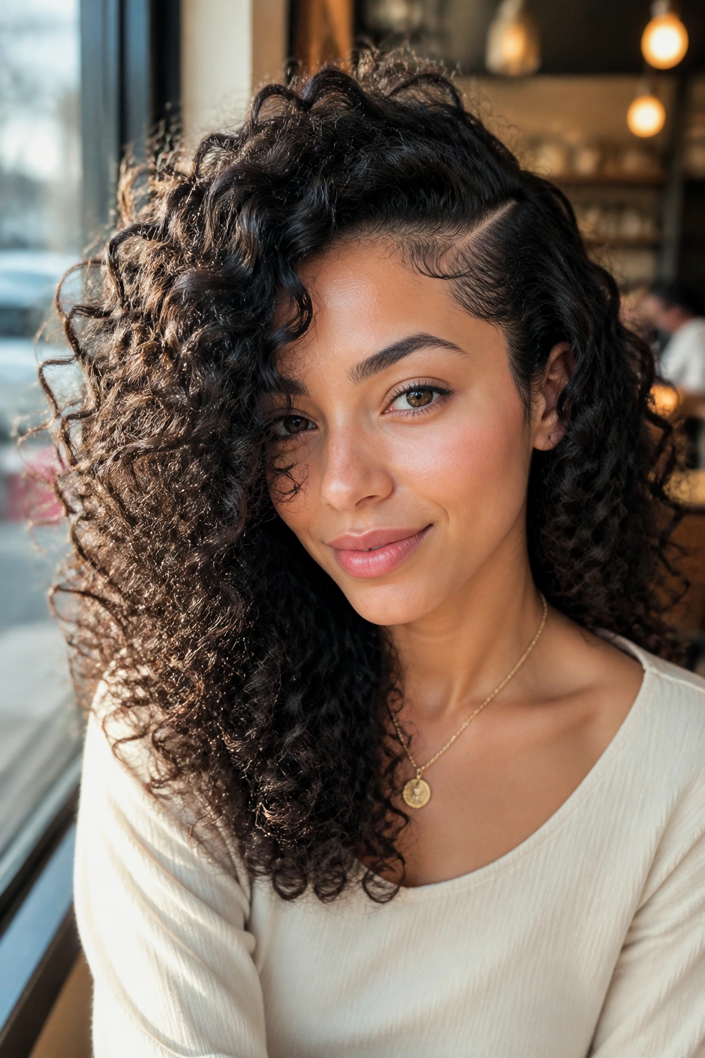 Close-up of a real woman with a deep side part and dramatic curl fall, warm light