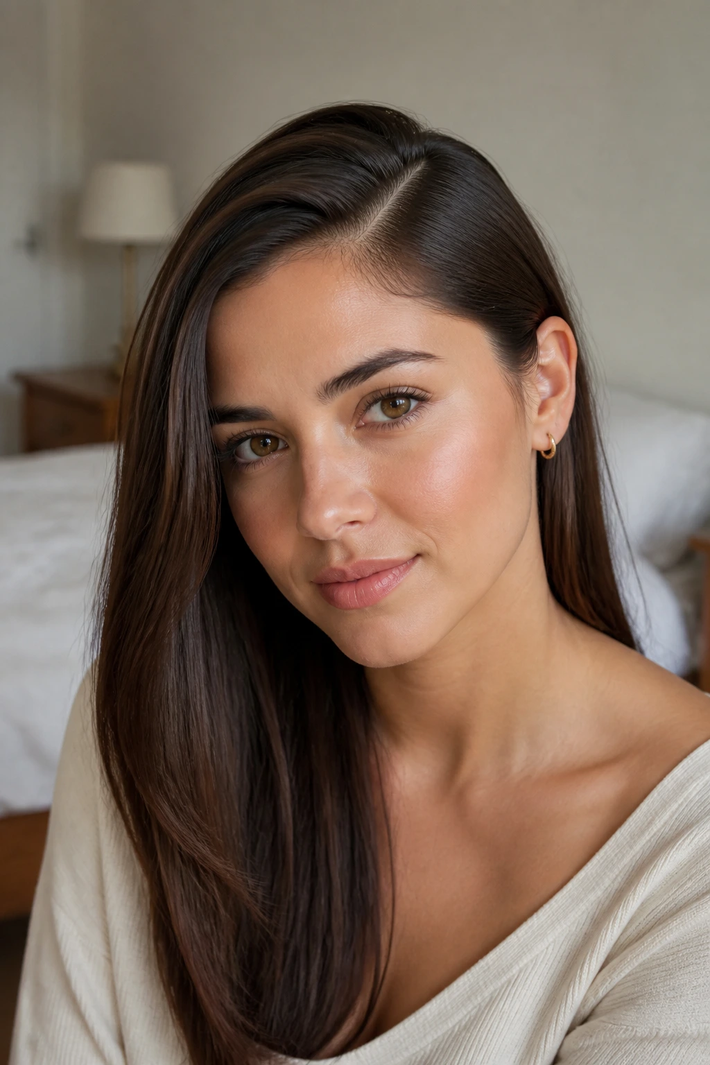 Close-up portrait of a woman with a deep side part and tucked ear.